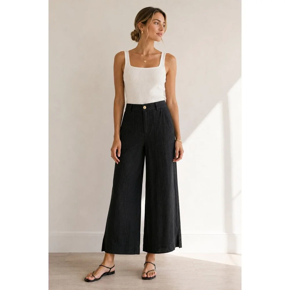 NWT ZARA Black Linen Wide Leg Ankle Pants Women’s S Preppy Modern Work Business